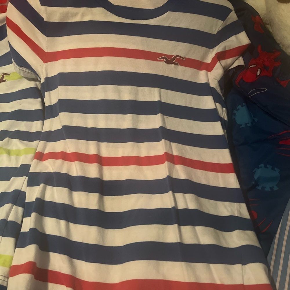 Hollister Blue and Red Striped Short Sleeve Tee